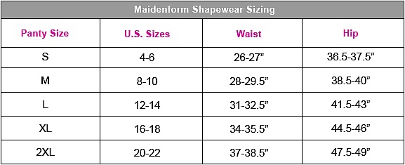 Maidenform Waist Nipper Size Chart